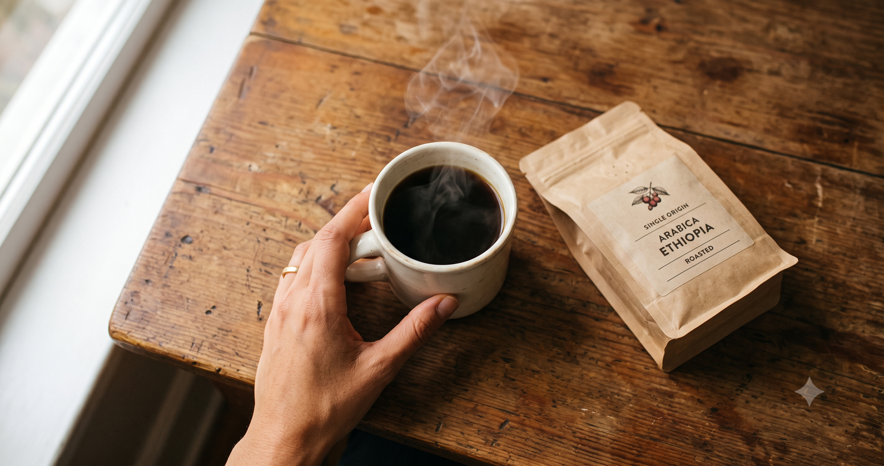 A hand holding a steaming mug of black coffee on a rustic wooden table beside a kraft paper coffee bag — ethical coffee that gives back