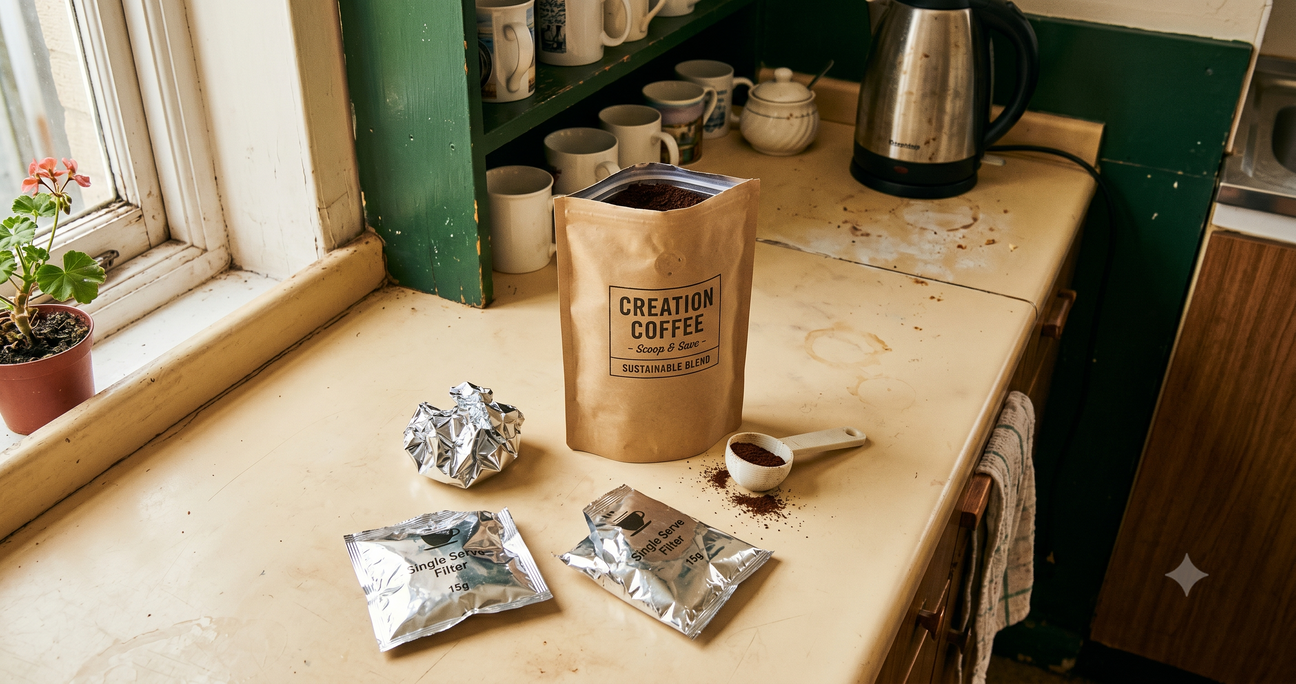 Church kitchen counter with Creation Coffee Scoop and Save filter coffee bag, white calibrated scoop, and crumpled foil sachets