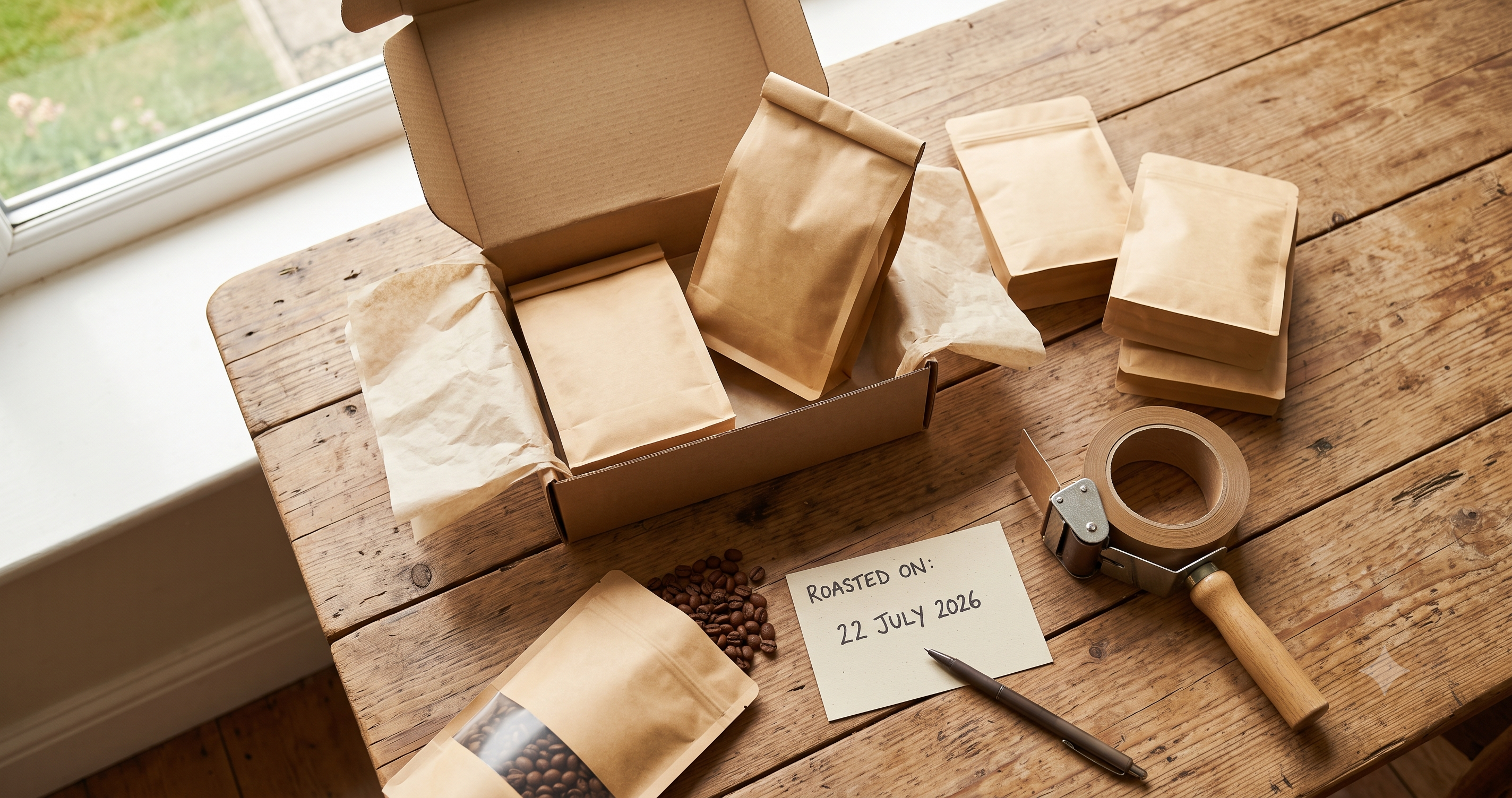 Fresh coffee subscription bags being packed for delivery from a small-batch UK roastery