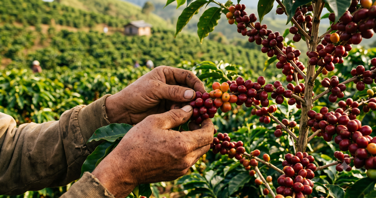 Coffee cherries being hand-picked on a farm, showing ethical direct trade coffee sourcing