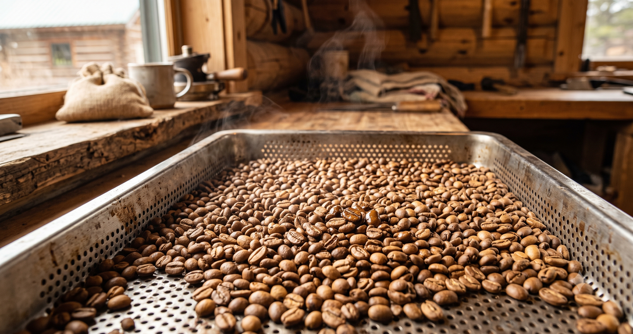 Freshly roasted specialty coffee beans cooling in a tray at Creation Coffee's Cheshire log cabin